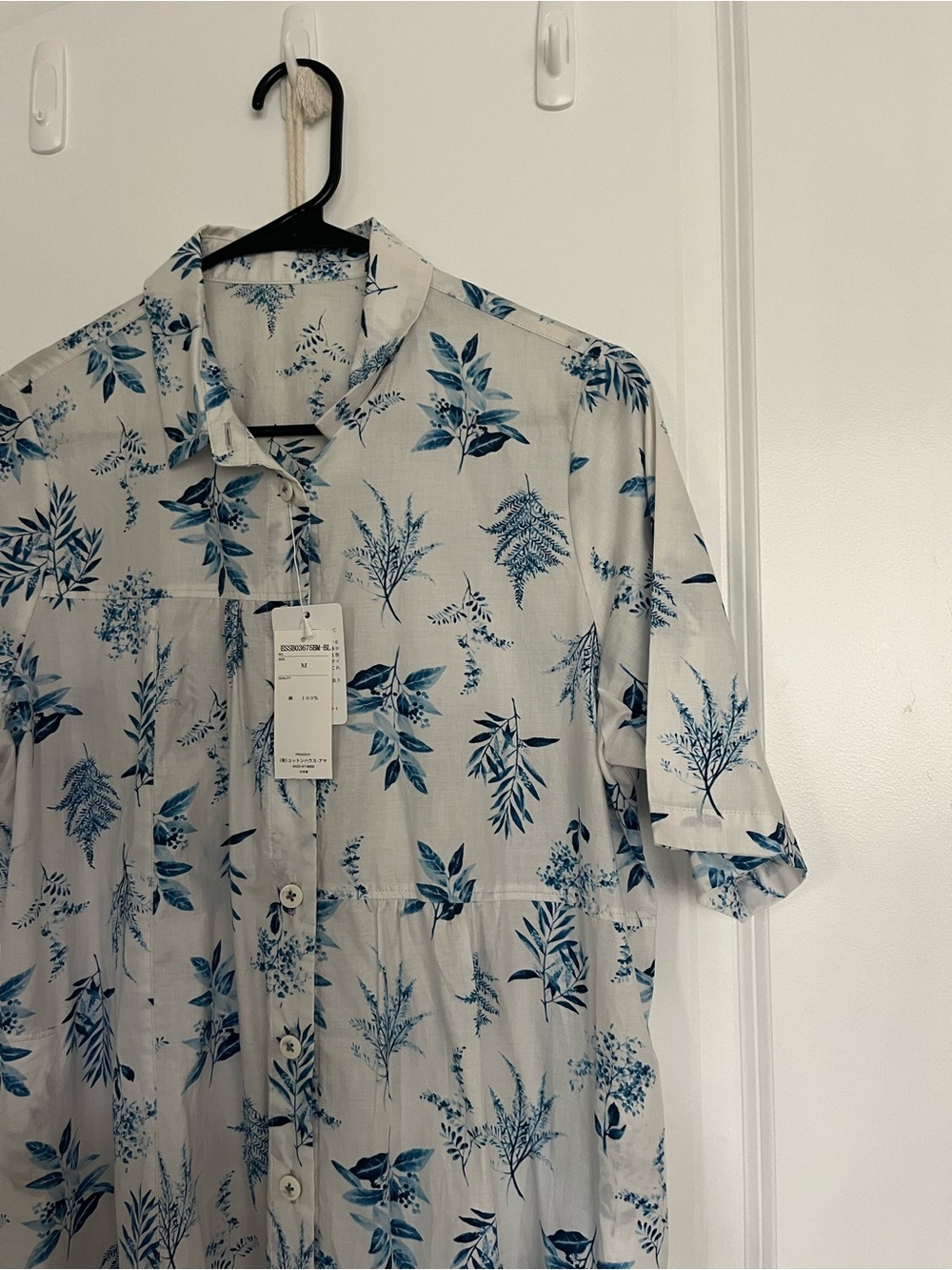 White and Blue Floral Mini Dress with Button-up